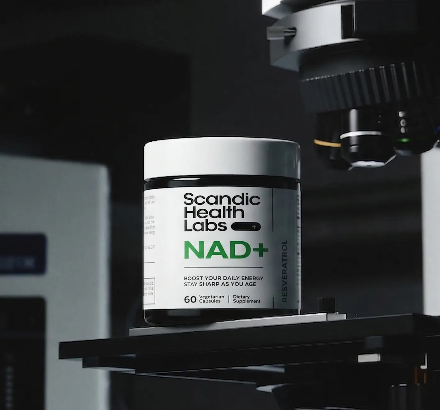 Scandic Health Labs NAD+ supplement bottle on a clean Scandinavian surface with soft natural light